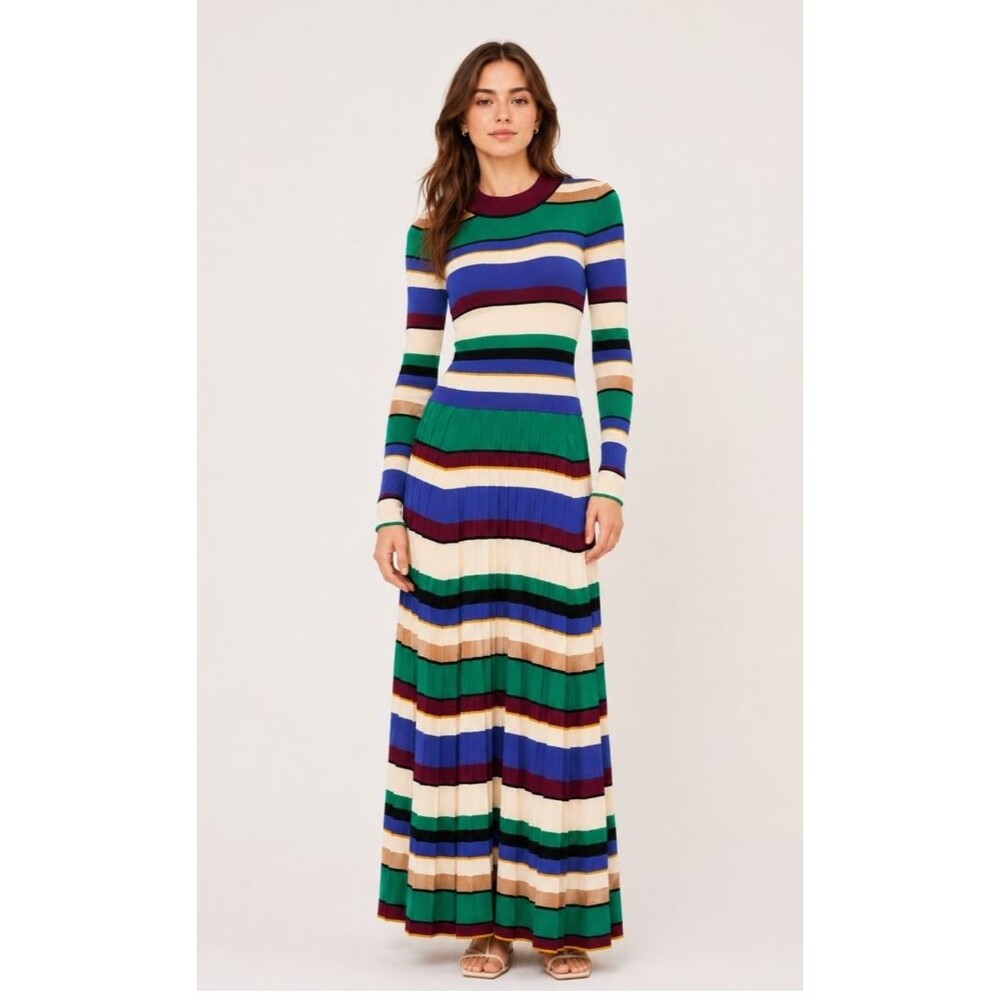 SIMON MILLER Sandrine Knit Maxi Dress Lrg Striped Long Sleeve Pleated Skirt NWT
